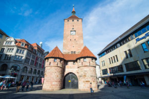 Weisser turm, white tower, in the pedestrian zone, Nuremberg, Bavaria, Germany Weisser turm, white tower, in the pedestrian zone, Nuremberg, Bavaria, Germany